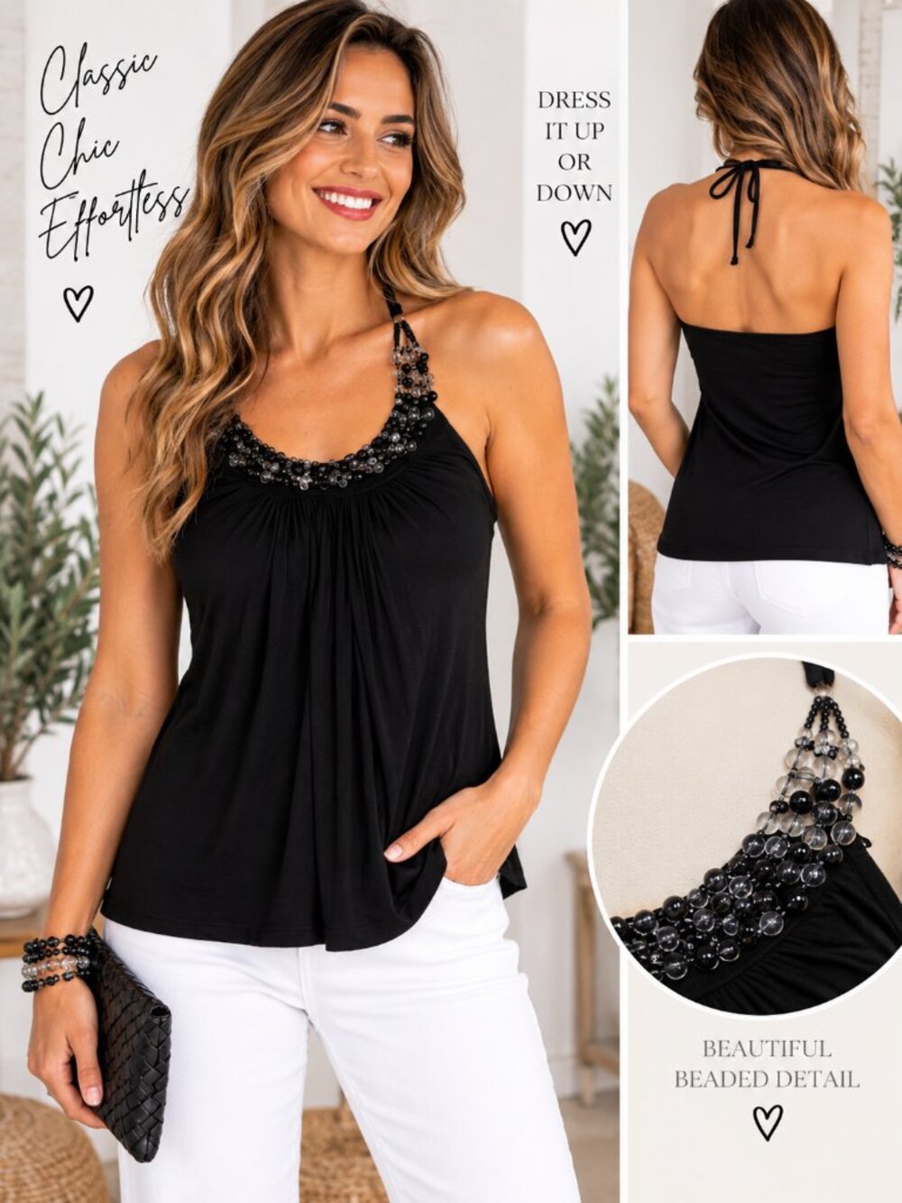 B Wear Black Beaded Halter Top Open Back Pleated Flowy Large
